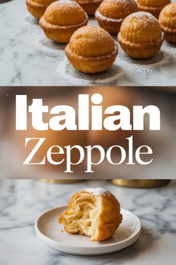 A row of round Italian zeppole dusted with powdered sugar on a marble surface, followed by a close-up of a bitten zeppola showing a fluffy, moist inside, paired with a text overlay reading “Italian Zeppole.”