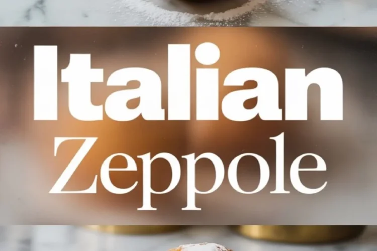 A row of round Italian zeppole dusted with powdered sugar on a marble surface, followed by a close-up of a bitten zeppola showing a fluffy, moist inside, paired with a text overlay reading “Italian Zeppole.”