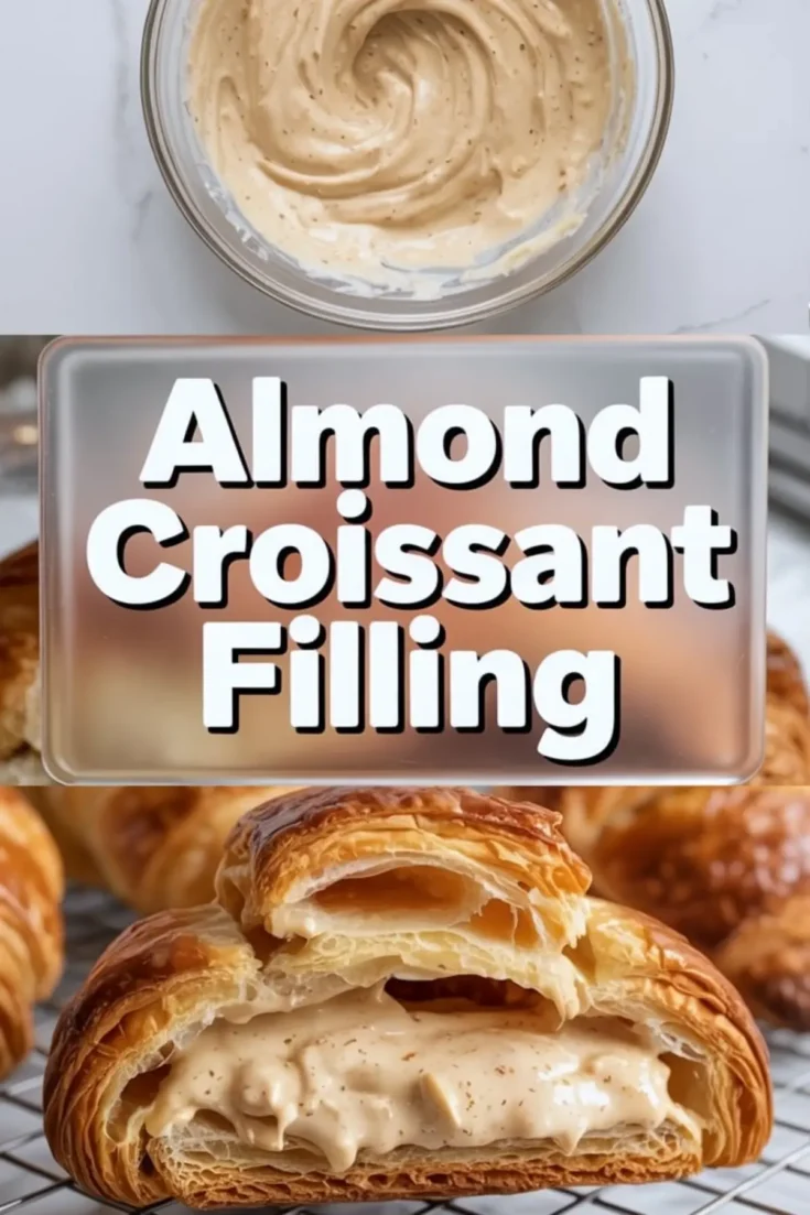 A glass bowl filled with creamy almond croissant filling sits on a marble surface in the top frame. The middle shows bold white text overlay reading “Almond Croissant Filling.” The bottom frame displays a golden croissant sliced open to reveal a thick layer of smooth almond filling on a cooling rack.