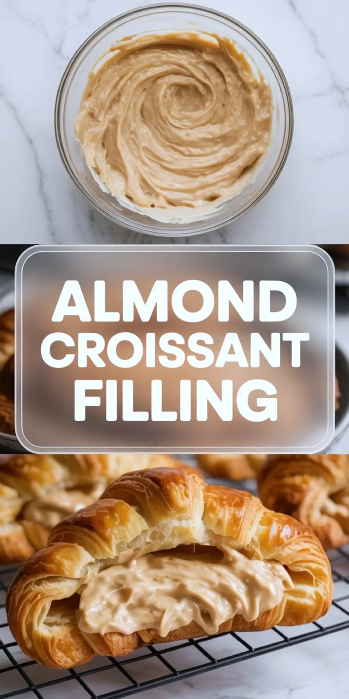 The top frame features a bowl of thick almond cream swirled in a glass bowl. The center showcases the text “Almond Croissant Filling” in bold white letters. The bottom frame displays a flaky croissant filled generously with almond paste, resting on a black cooling rack.