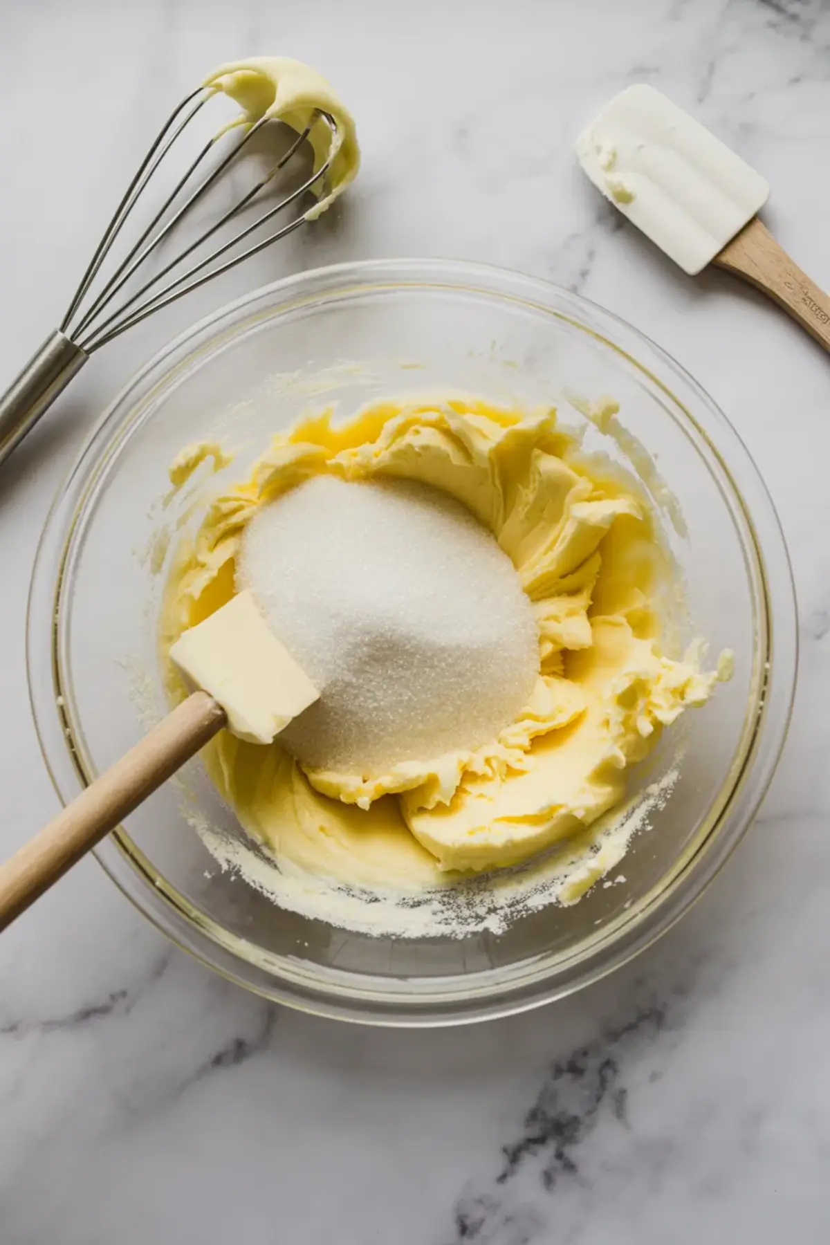 Butter and granulated sugar are shown creamed together in a clear bowl, with a silicone spatula resting inside. A whisk and another spatula lie beside the bowl on a marble surface, highlighting an early stage in almond filling preparation.