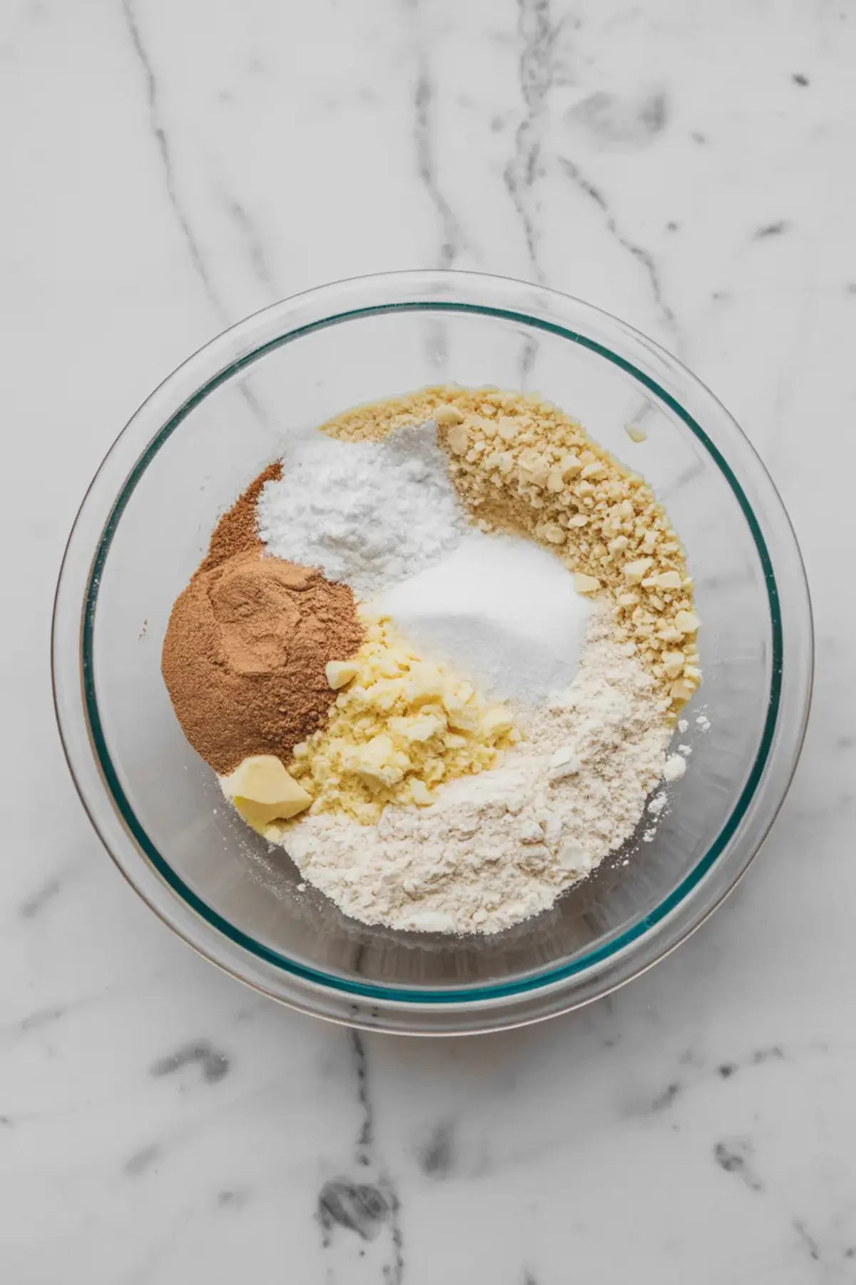 Glass bowl on marble surface filled with separated dry ingredients including almond flour, oat flour, cinnamon, baking powder, sugar, and chunks of butter for gluten-free muffin batter.