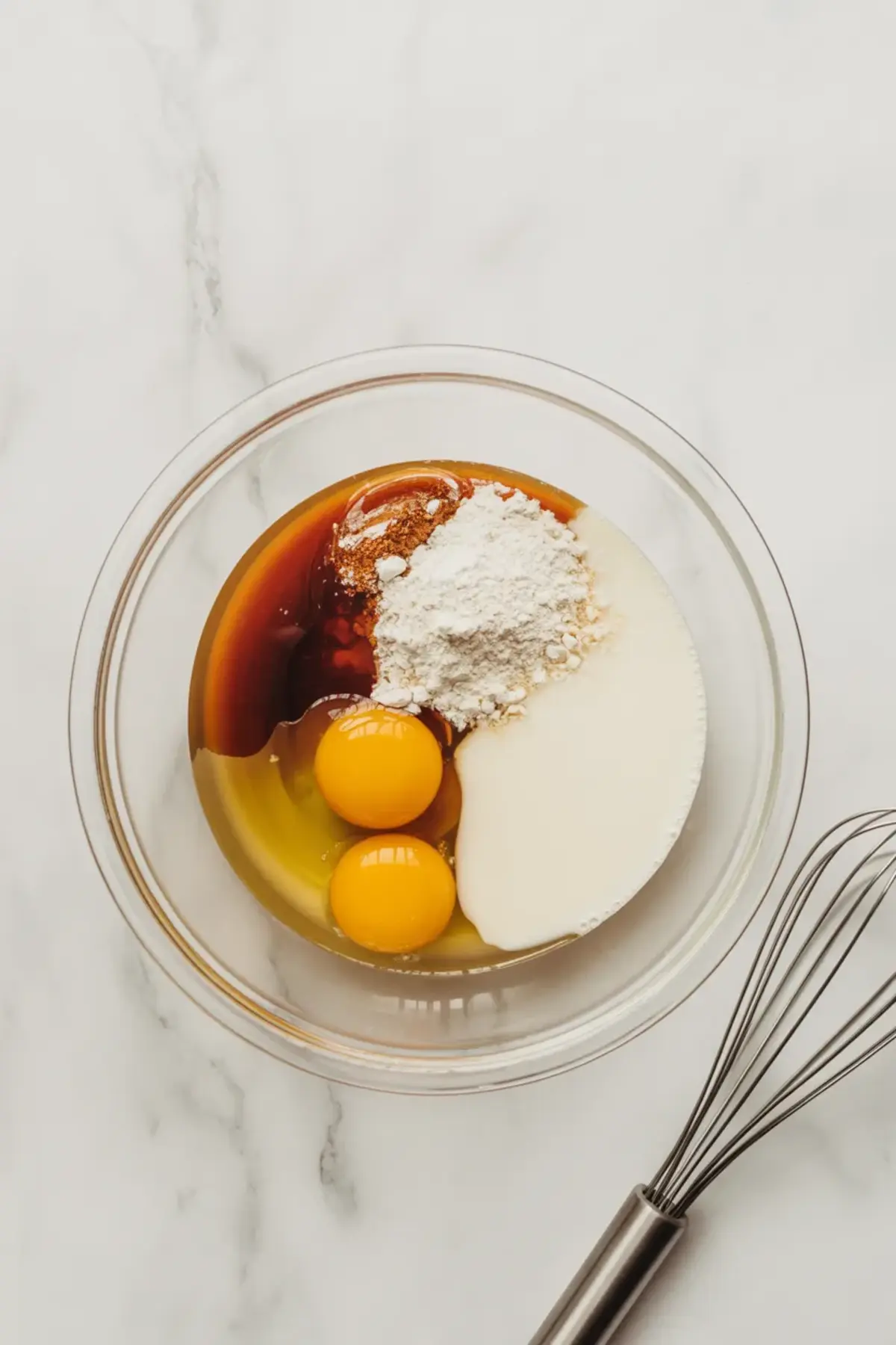 Mixing bowl with two raw eggs, vanilla extract, yogurt, flour, and spices ready to be blended into a wet muffin mixture, placed beside a metal whisk.