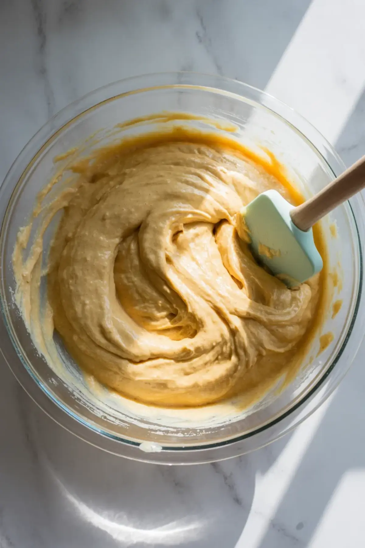 Thick almond flour muffin batter in a glass bowl being stirred with a light blue silicone spatula under natural sunlight.