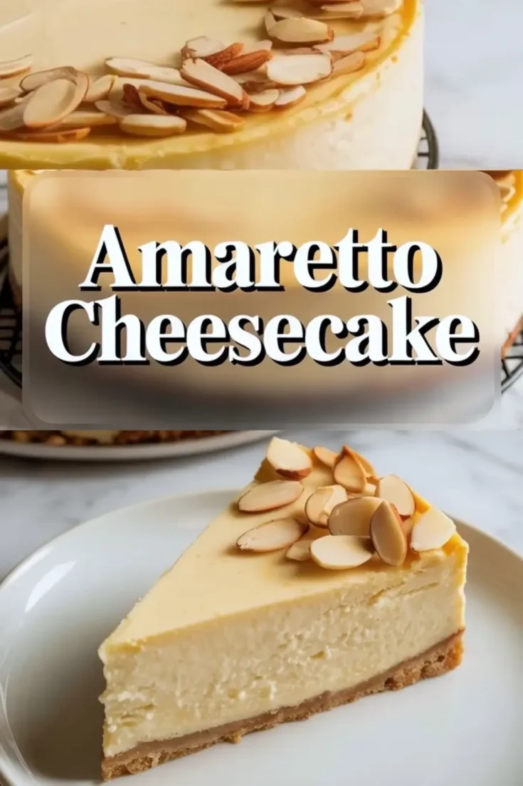 Two-part image showing an amaretto cheesecake topped with sliced almonds. The top section displays a whole cheesecake with a creamy texture and smooth almond garnish. The bottom section highlights a single slice of the cheesecake on a white plate, revealing its rich interior and buttery crust.
