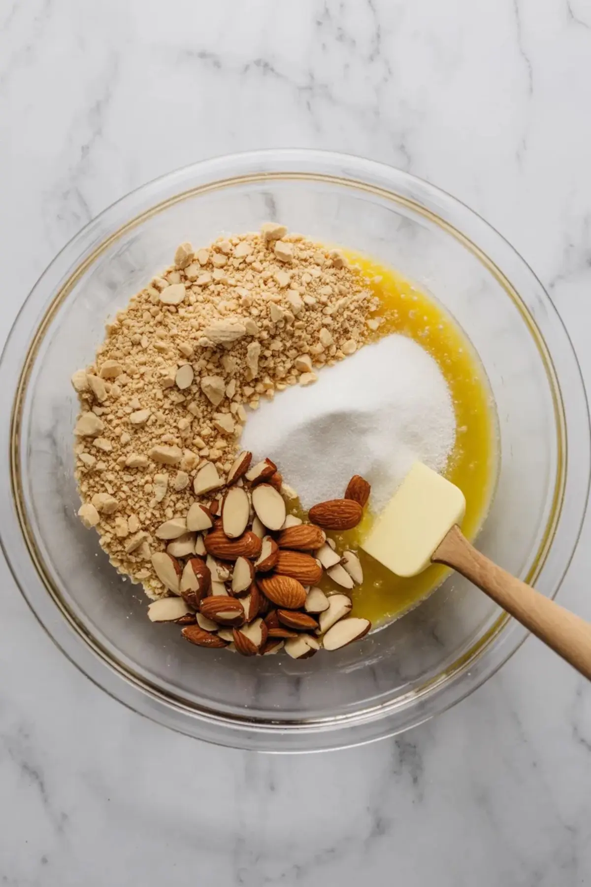 Clear glass bowl with ingredients for cheesecake crust, including crushed graham crackers, sliced almonds, granulated sugar, and melted butter, with a rubber spatula resting inside.
