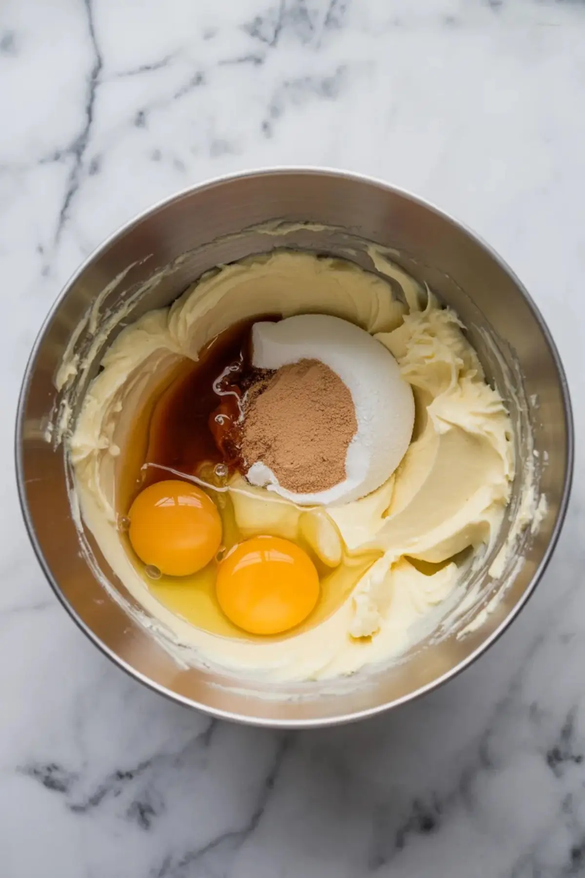 Metal mixing bowl filled with softened cream cheese, granulated sugar, brown sugar, two raw eggs, and a splash of amaretto liqueur on a marble surface.
