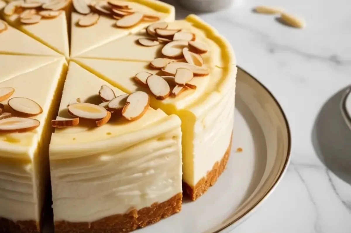 Sliced amaretto cheesecake displayed on a white plate, with each slice topped with thinly sliced almonds and a visible golden graham cracker crust.
