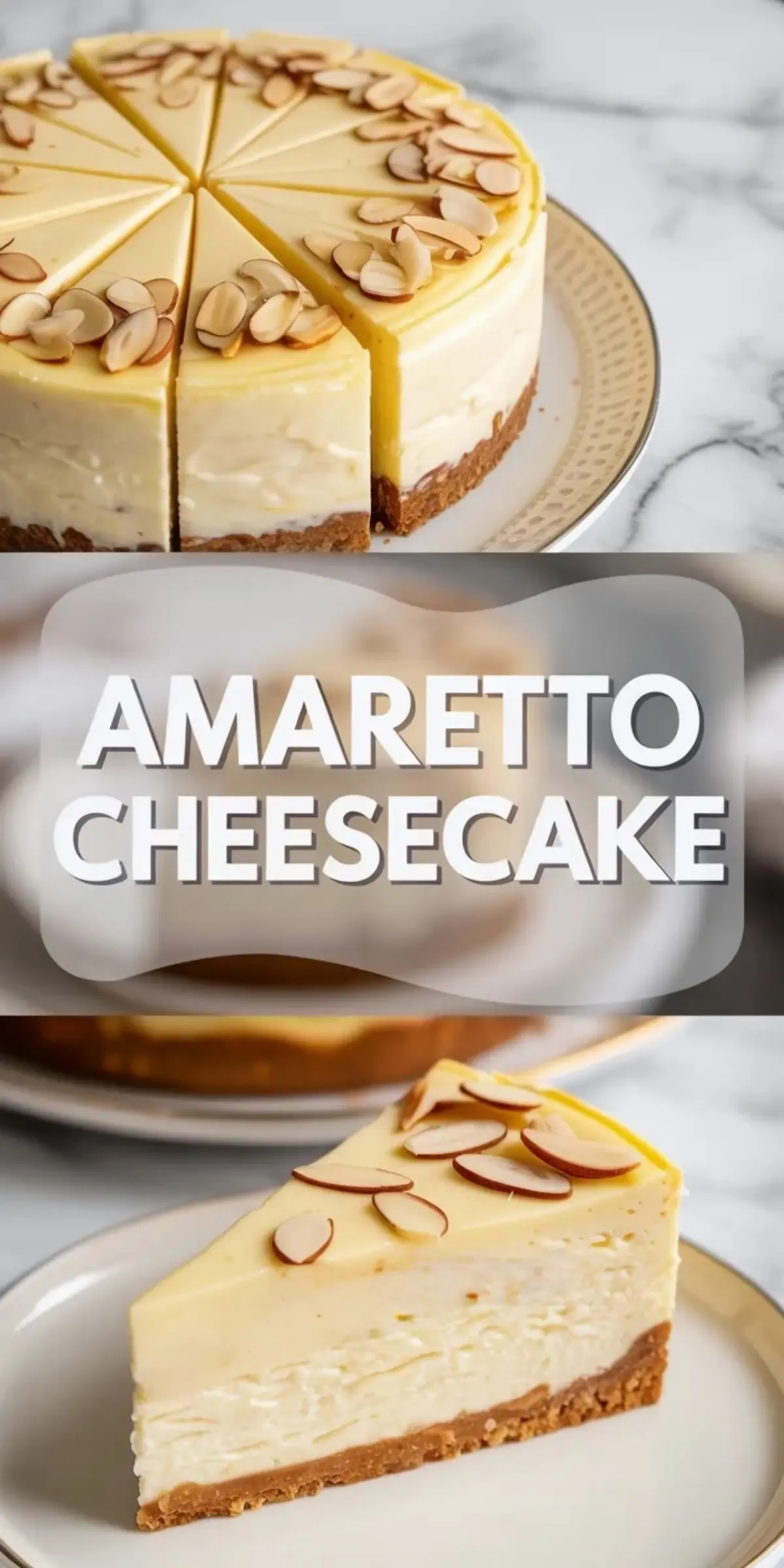 Vertical collage featuring a full amaretto cheesecake on a white plate, topped with almond slices, followed by a title overlay reading “AMARETTO CHEESECAKE,” and ending with a close-up of a single slice on a plate showcasing creamy filling and almond garnish.
