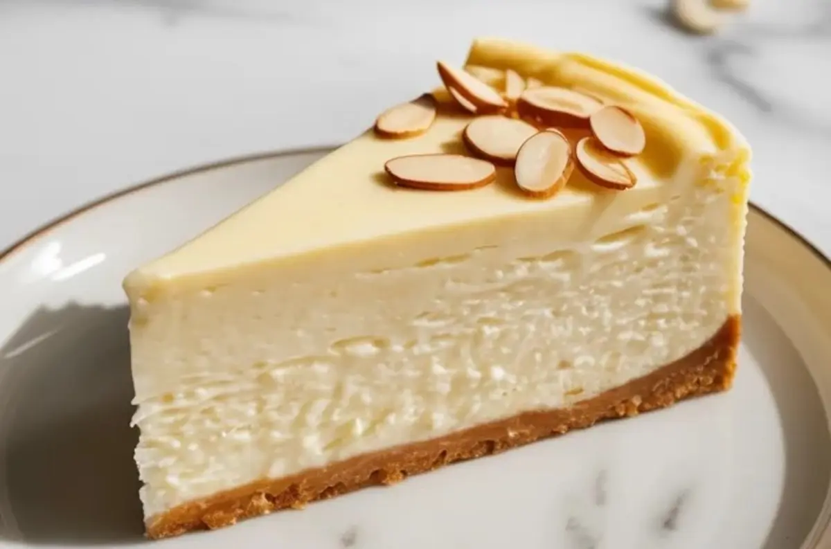 Close-up of a slice of amaretto cheesecake served on a white plate, topped with thinly sliced almonds and resting on a golden graham cracker crust.
