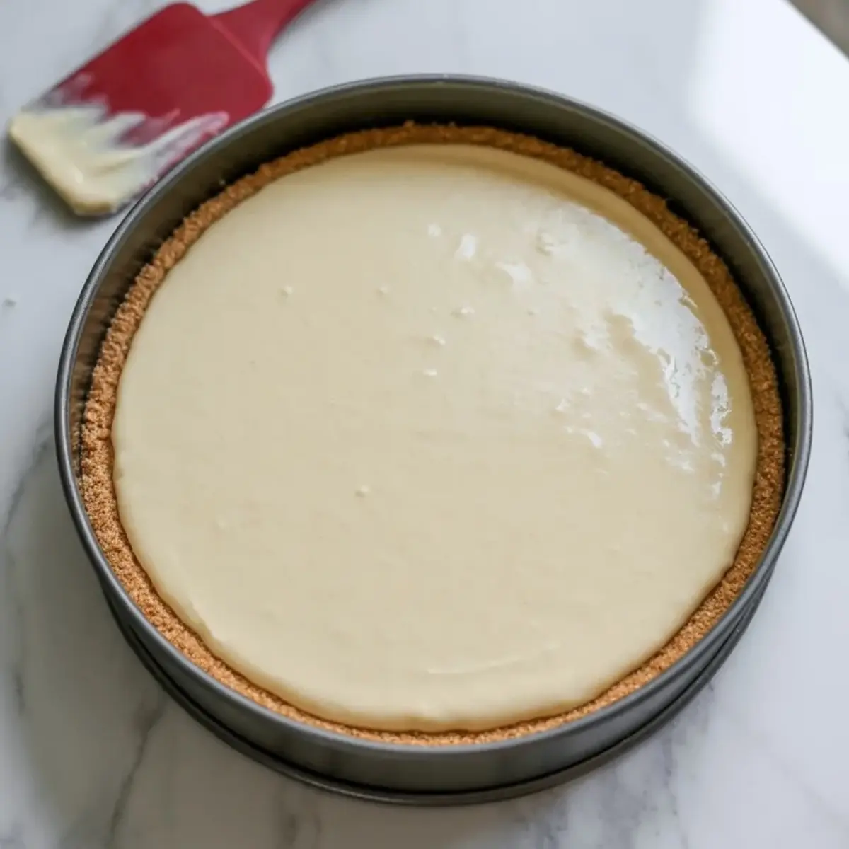 Unbaked amaretto cheesecake batter in a springform pan lined with graham cracker crust, ready to be placed in the oven.

