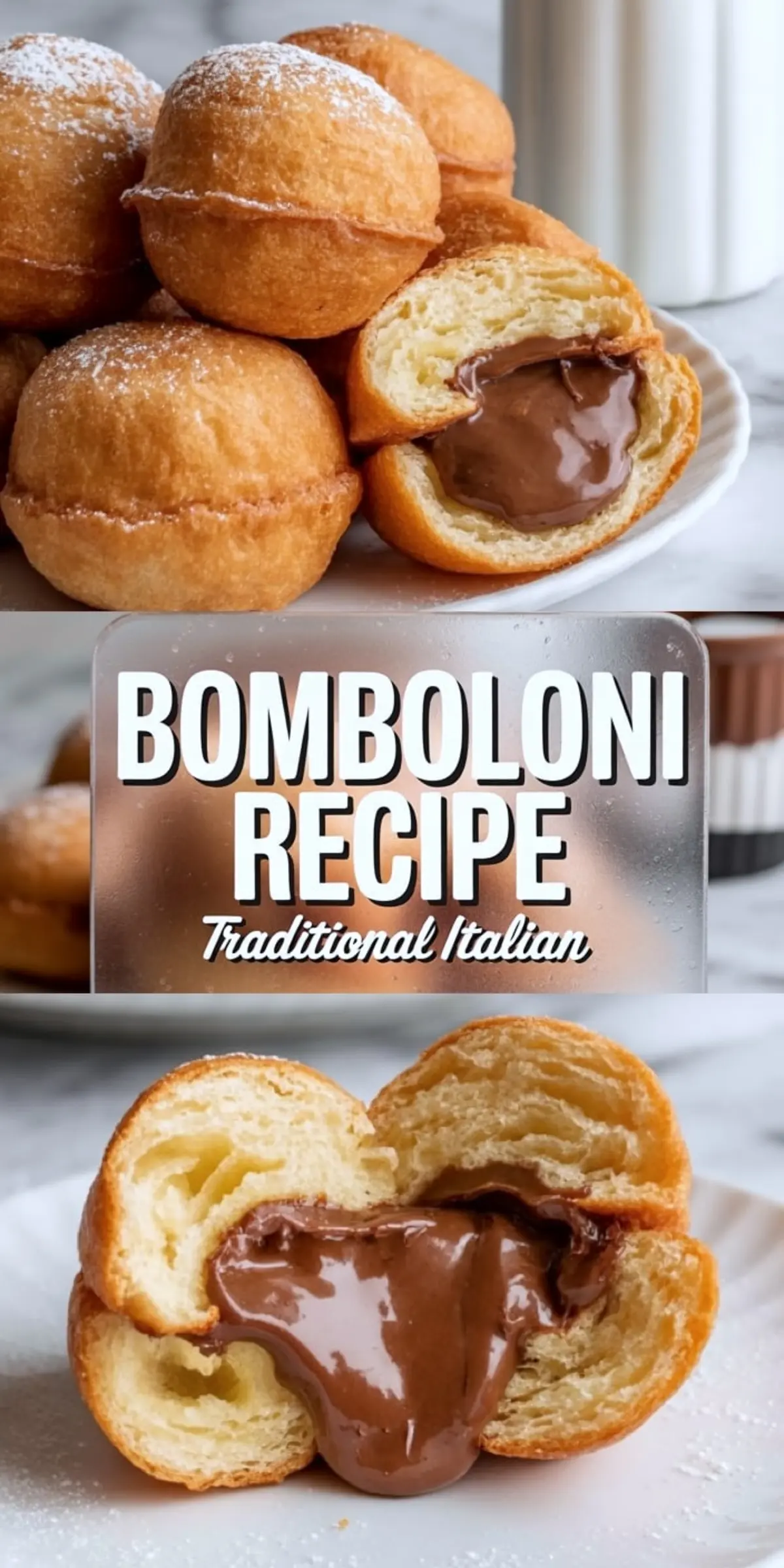 Golden brown bomboloni donuts sit on a white plate as one donut shows a soft interior filled with creamy chocolate custard, topped with powdered sugar, with bold text reading Bomboloni Recipe Traditional Italian.