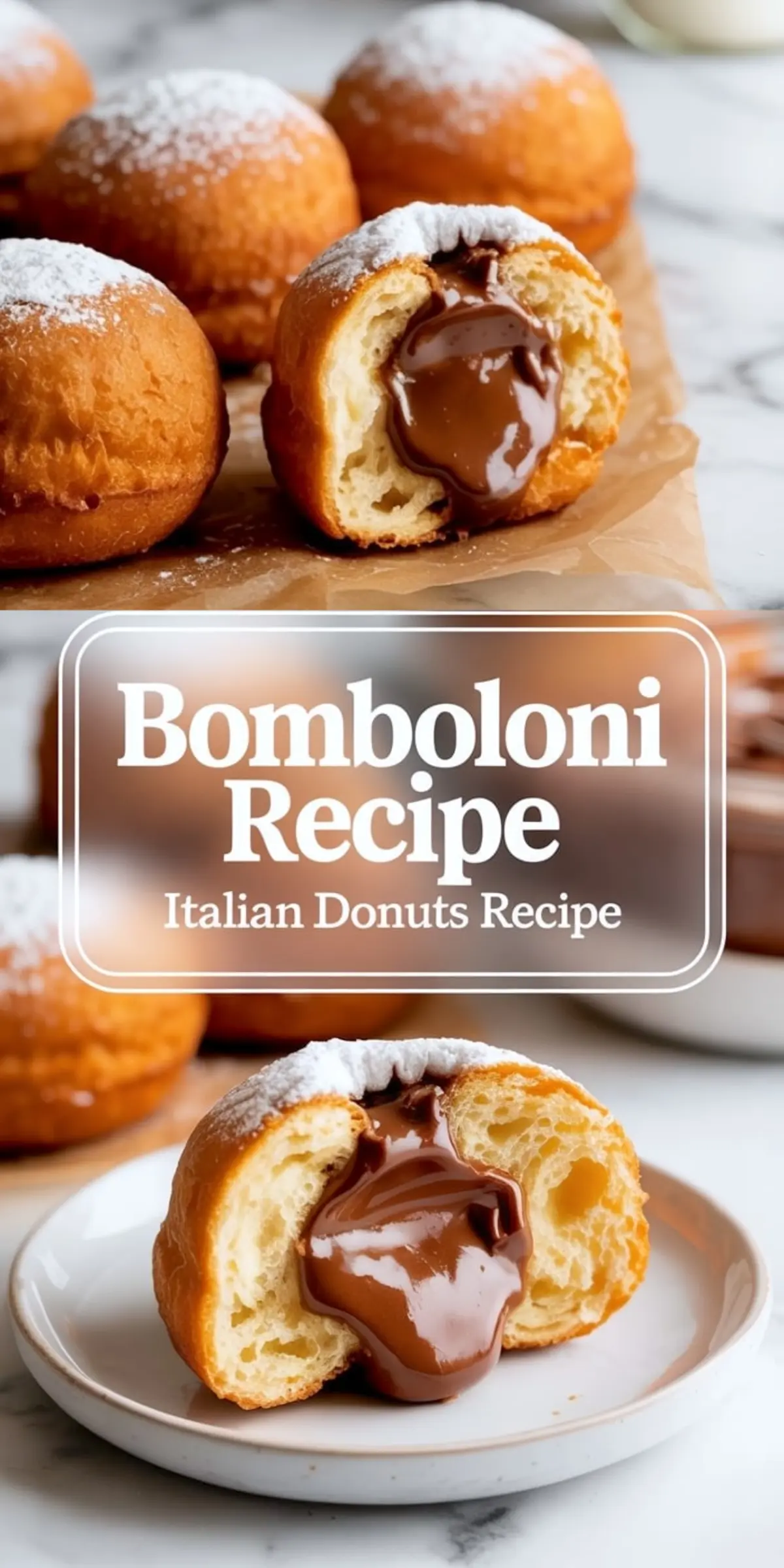 Chocolate filled bomboloni donuts rest on parchment paper and a white plate, showing fluffy Italian donut texture with melted chocolate center and powdered sugar, with text reading Bomboloni Recipe Italian Donuts Recipe.