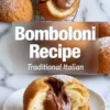 Freshly fried bomboloni donuts display a light airy crumb and rich chocolate filling flowing from the center, styled on plates and cooling rack, with text reading Bomboloni Recipe Traditional Italian.