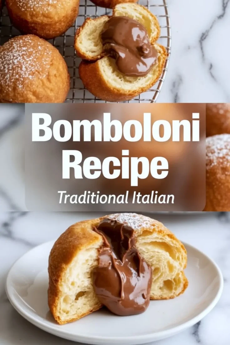 Freshly fried bomboloni donuts display a light airy crumb and rich chocolate filling flowing from the center, styled on plates and cooling rack, with text reading Bomboloni Recipe Traditional Italian.