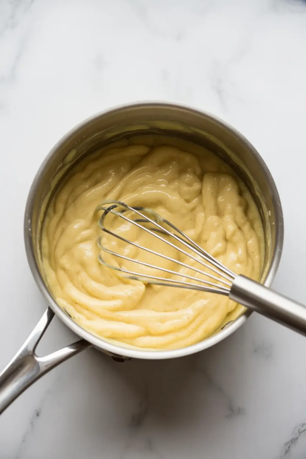 Smooth banana custard cooks in a stainless steel saucepan with a metal whisk, showing thick creamy texture on a white marble countertop, banana filling preparation, homemade banana cream.