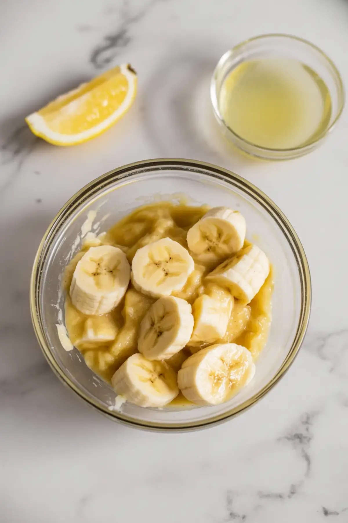 Glass bowl filled with mashed banana mixture topped with fresh banana slices, lemon wedge, and lemon juice nearby on marble surface, banana filling base, ripe banana dessert prep.