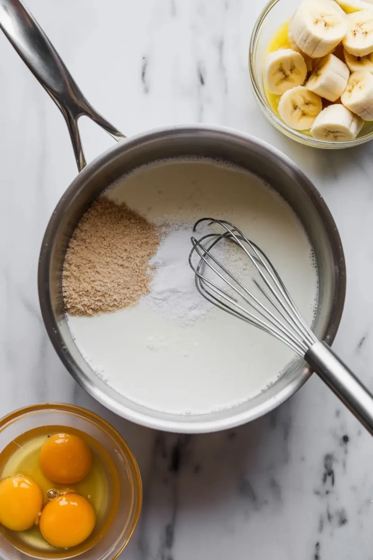 Saucepan with milk, sugar, and eggs ready to whisk, raw custard ingredients arranged for banana cake filling, baking preparation on white marble background.