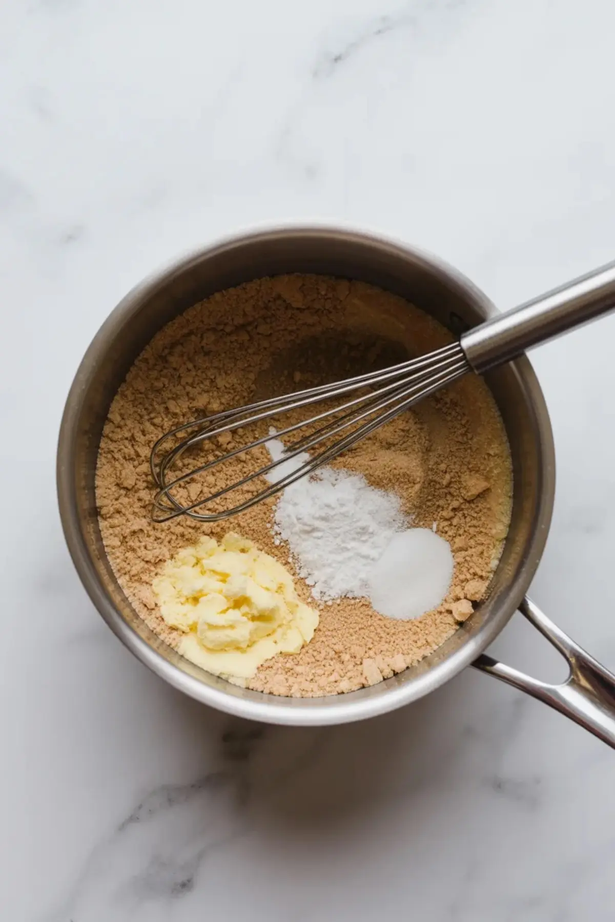 Saucepan holding crushed biscuits, sugar, butter, and baking powder with whisk, dry ingredients for banana cake filling, stovetop dessert preparation on marble counter.