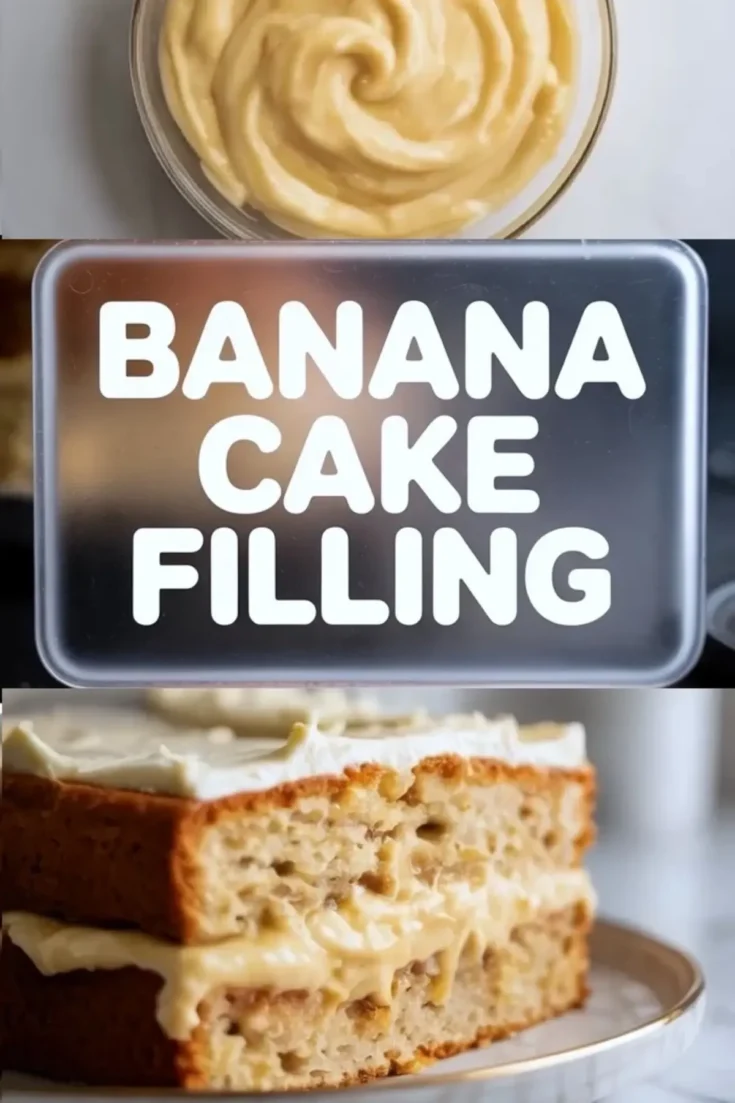 Swirled banana cream filling in a bowl above bold text banana cake filling, bottom image shows moist banana cake slice with visible banana cream layer on ceramic plate.