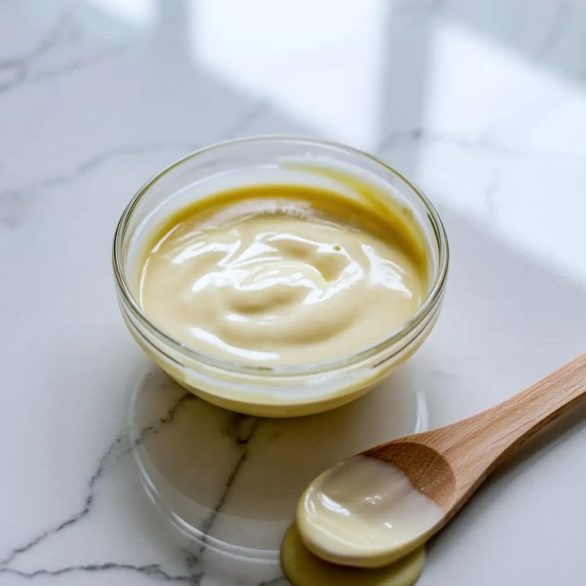 A glass bowl of creamy banana pudding on a marble countertop, with a wooden spoon beside it holding a smooth scoop of the pale yellow dessert.