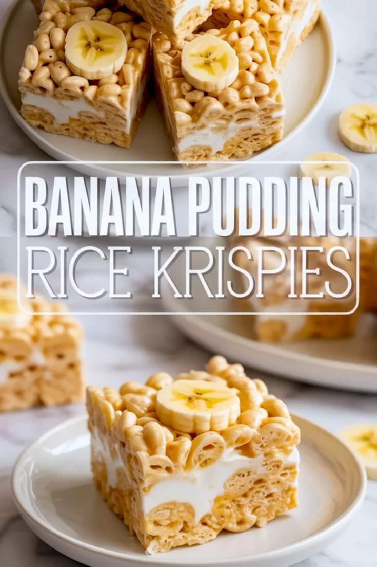 A two-part collage showing banana pudding Rice Krispies treats on white plates, topped with banana slices. The top view highlights neatly stacked squares, while the bottom close-up showcases gooey marshmallow layers and golden cereal texture, with “Banana Pudding Rice Krispies” text overlay.
