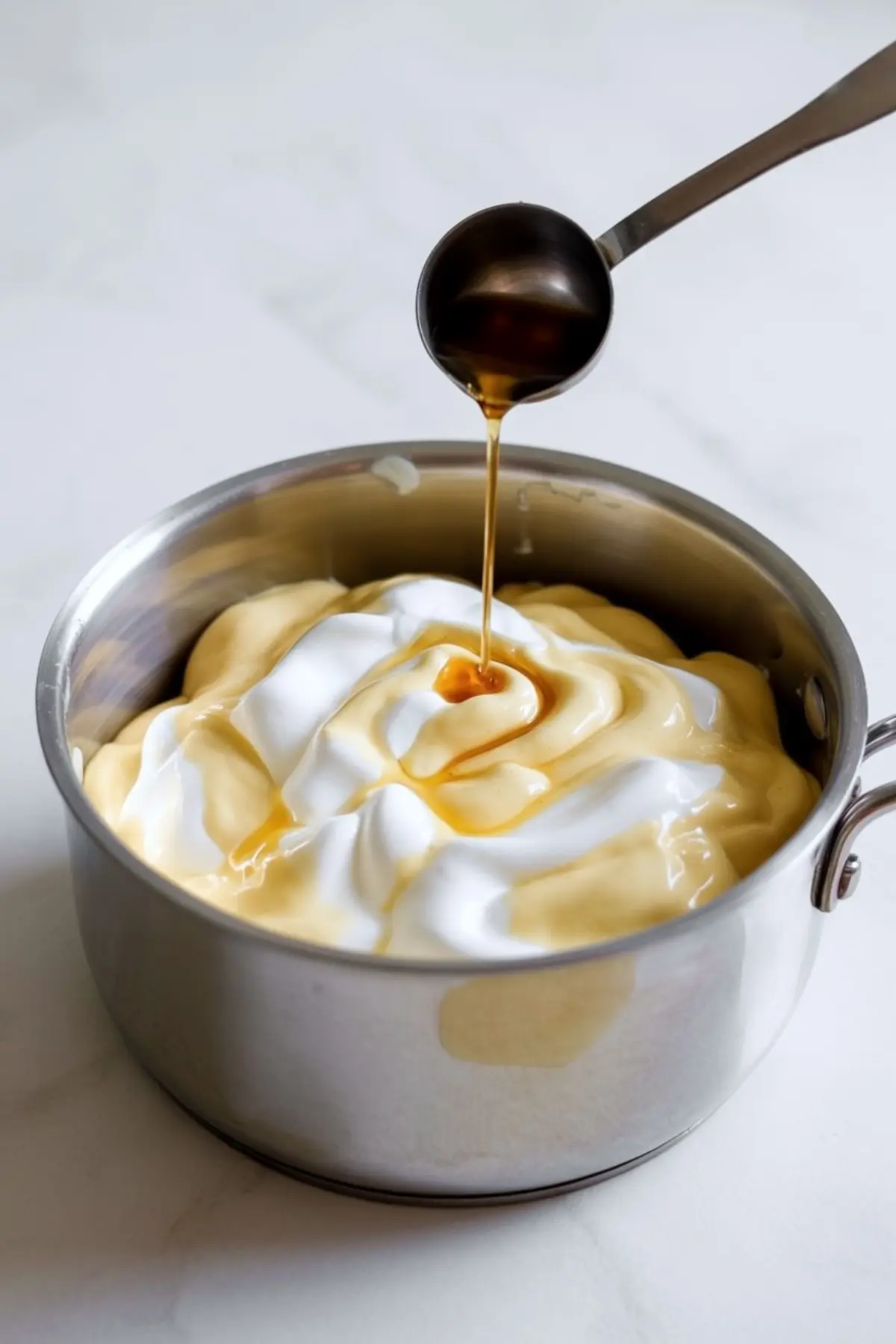 A saucepan filled with banana pudding and fluffy whipped topping, as golden vanilla extract is poured in from a measuring spoon above, highlighting dessert preparation on a white countertop.