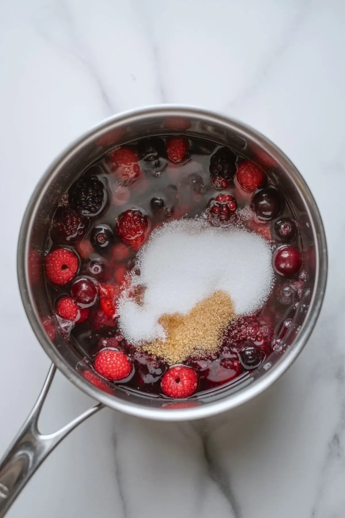Mixed berries with sugar and lemon sit in a saucepan at the start of making homemade berry cake filling.