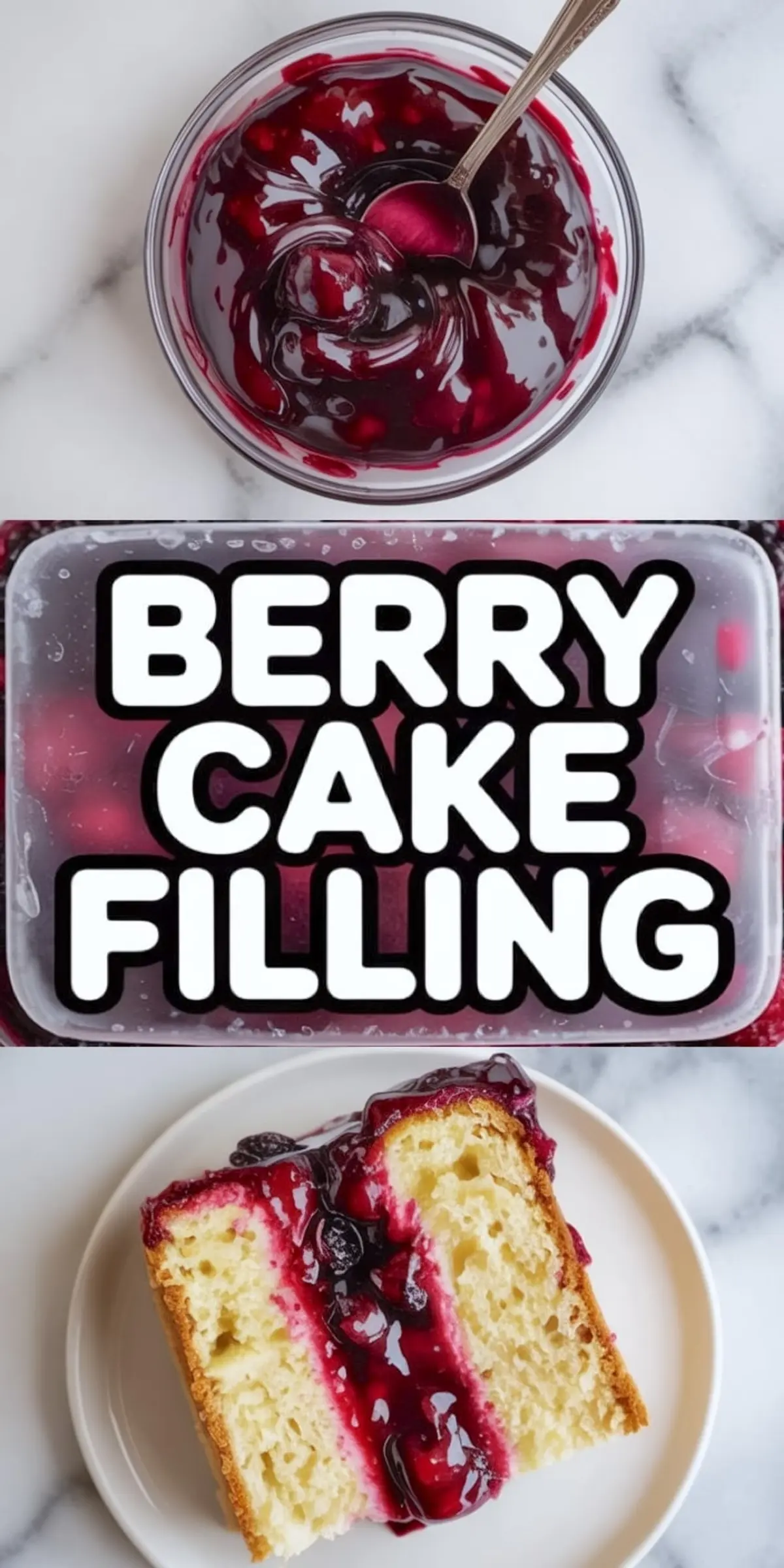 Berry cake filling collage with a bowl of thick berry filling and a vanilla cake slice layered with glossy berry filling.