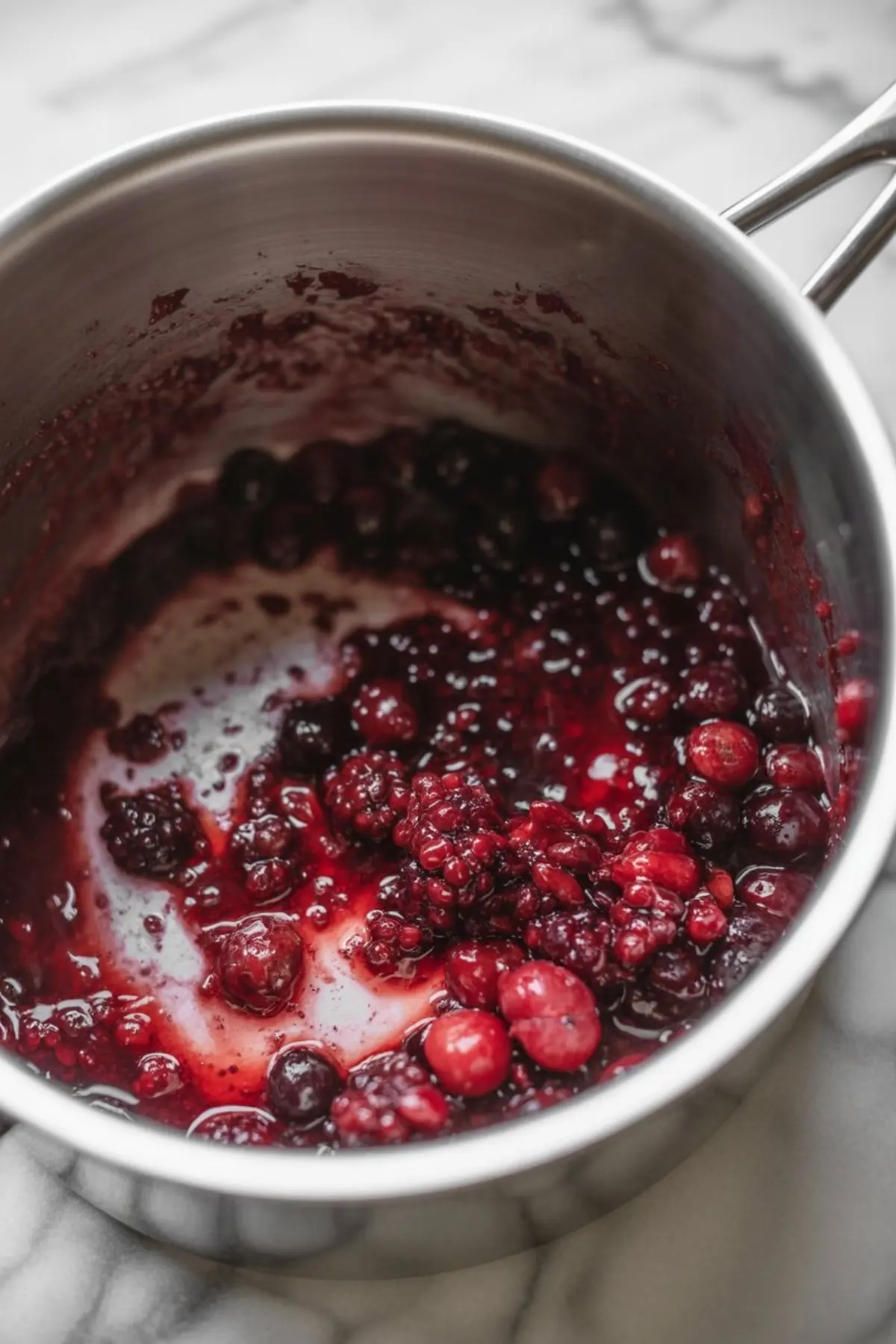 Mixed berry cake filling cooks down in a saucepan until thick and glossy with visible raspberries, blackberries, and blueberries.
