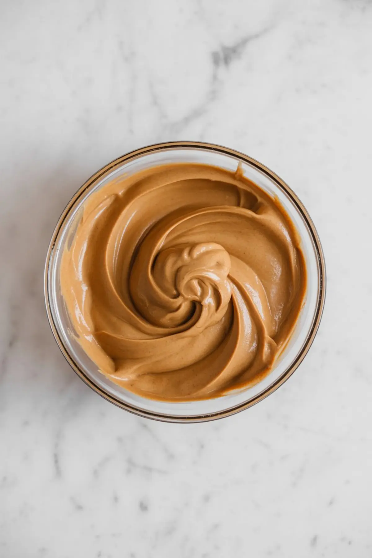 Top-down view of a glass bowl filled with creamy Biscoff cookie butter, showing smooth spiral swirls, glossy surface, and thick caramel-colored spread on a light marble background.
