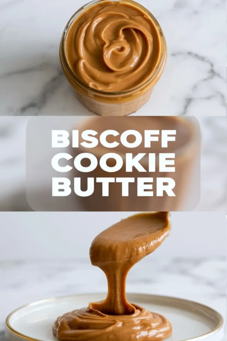 Angled close-up of a jar filled with smooth Biscoff cookie butter, showing thick creamy texture, soft swirl pattern, and warm caramel brown color on a neutral background.