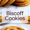 Top section shows a stack of golden Biscoff cookies, center section displays Biscoff Cookies title text, bottom section shows a bitten Biscoff cookie on a white plate with visible cookie crumb.