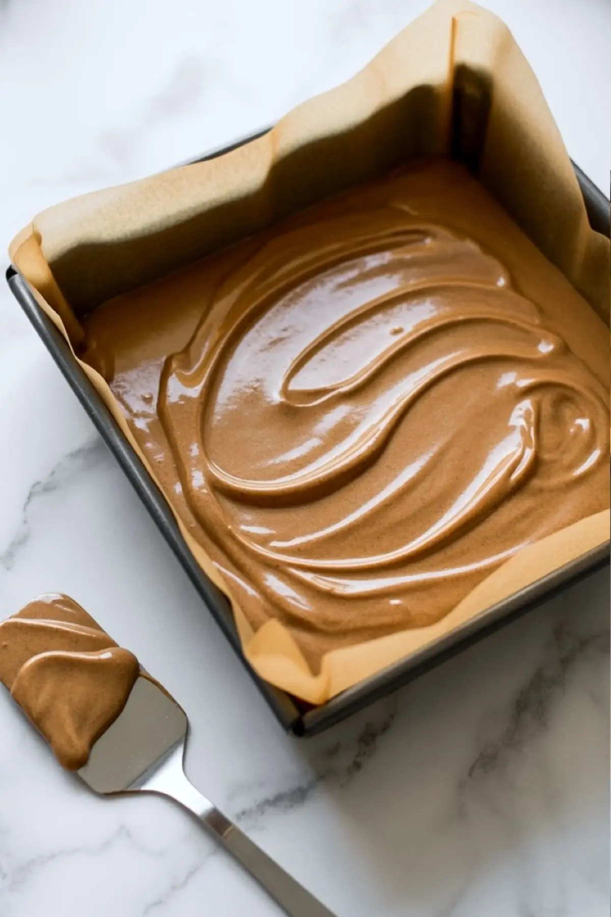Freshly poured Biscoff fudge mixture in a parchment-lined square baking pan, with glossy swirls on the surface. A spatula with leftover fudge mixture rests beside the pan on a white marble surface.