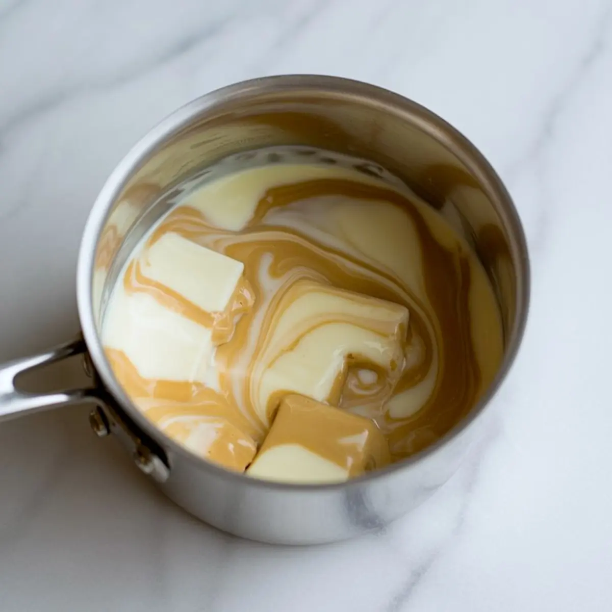 Top-down view of a saucepan containing unmixed sweetened condensed milk, chunks of butter, and swirls of cookie butter, ready to be melted for making Biscoff fudge.
