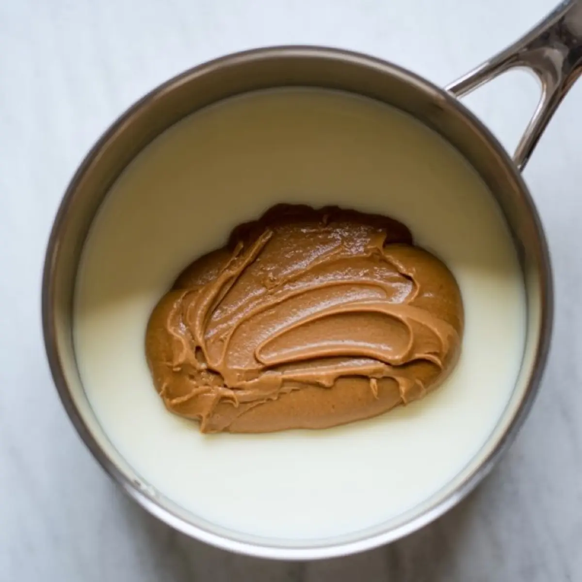 Thick dollop of cookie butter sitting atop a pool of sweetened condensed milk in a stainless steel saucepan, showcasing the beginning step of making Biscoff fudge.