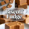 Three-angle collage showing stacked Biscoff fudge pieces, a top view of cut squares on marble, and a close-up of a bitten piece. The fudge is rich, golden brown, and creamy in texture. Centered bold text overlay reads “Biscoff Fudge.”