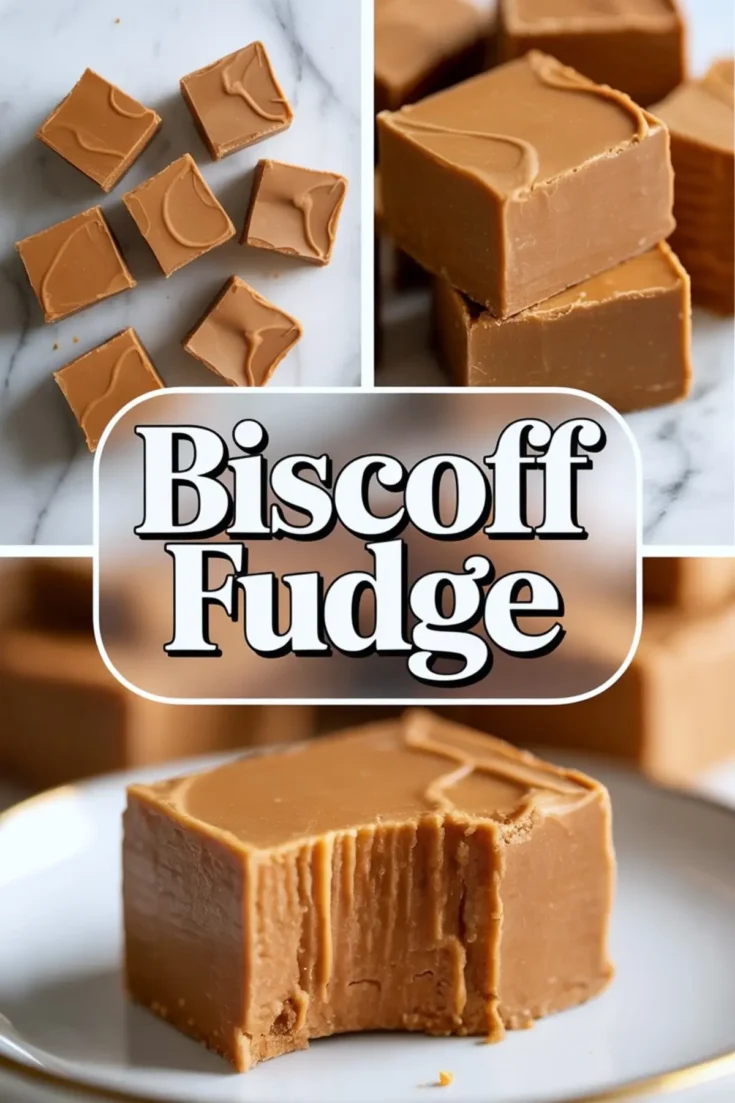 Three-angle collage showing stacked Biscoff fudge pieces, a top view of cut squares on marble, and a close-up of a bitten piece. The fudge is rich, golden brown, and creamy in texture. Centered bold text overlay reads “Biscoff Fudge.”