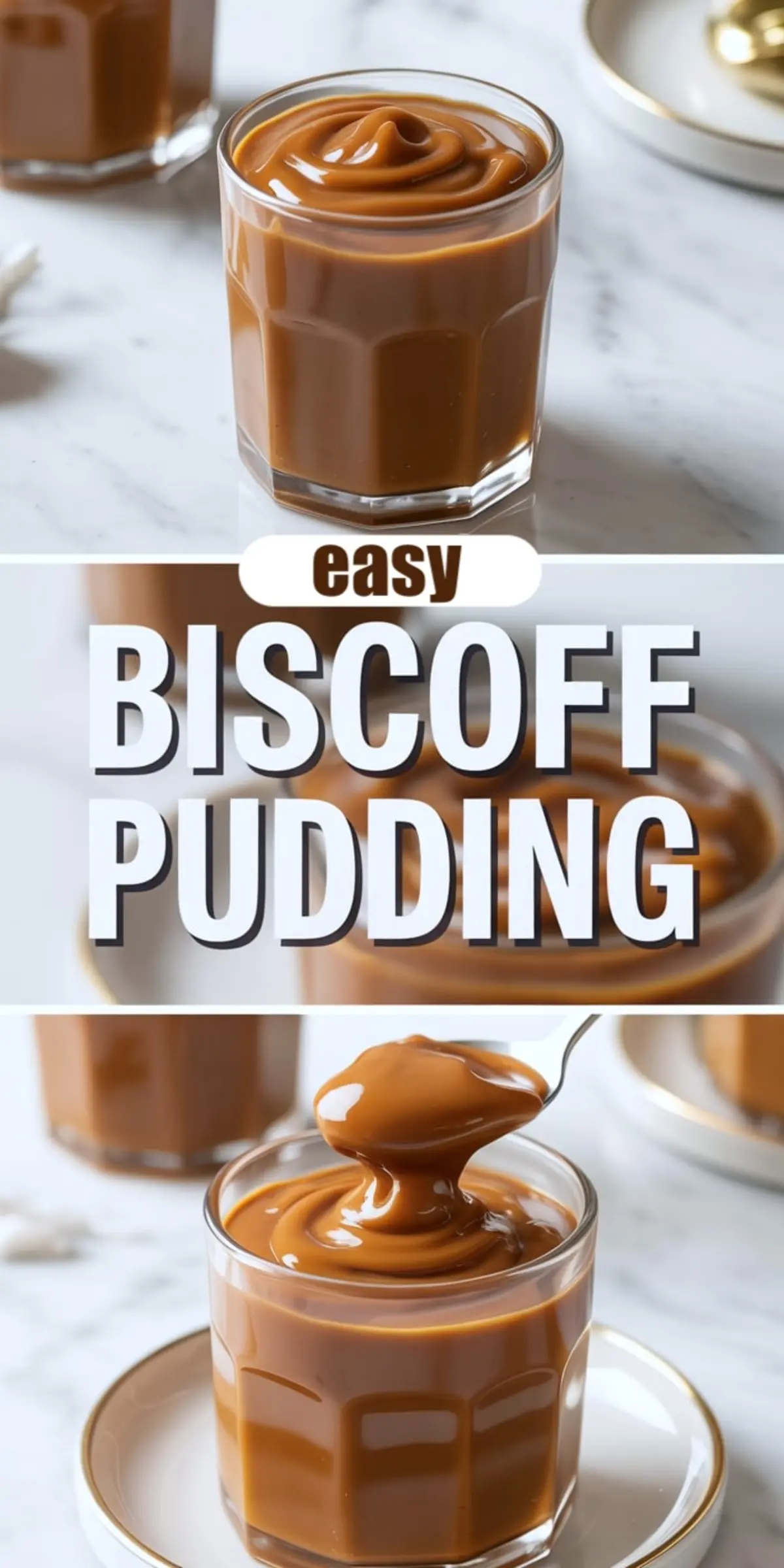 Easy Biscoff pudding shown in a clear dessert glass with glossy swirled topping and a spoon scooping rich cookie butter pudding with easy Biscoff pudding text on a bright kitchen background
