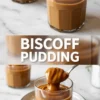 Biscoff pudding presented in clear glasses with a silky swirl top and a spoon lifting creamy cookie butter pudding with bold Biscoff pudding text layered over a clean kitchen setting