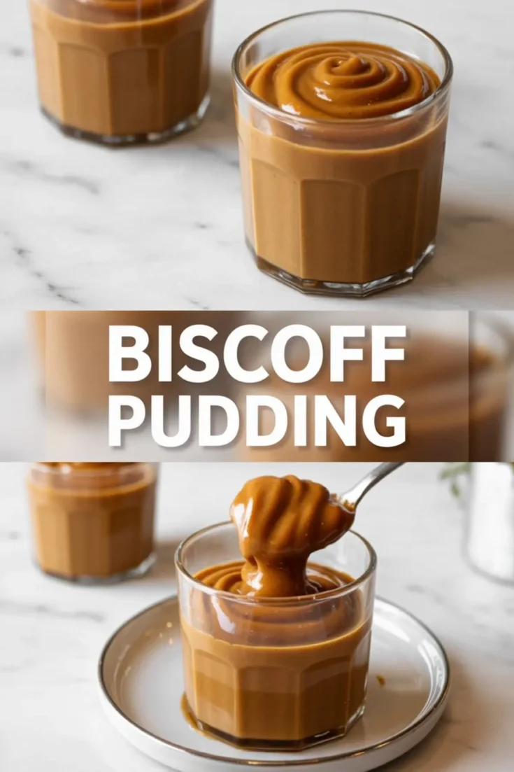 Biscoff pudding presented in clear glasses with a silky swirl top and a spoon lifting creamy cookie butter pudding with bold Biscoff pudding text layered over a clean kitchen setting