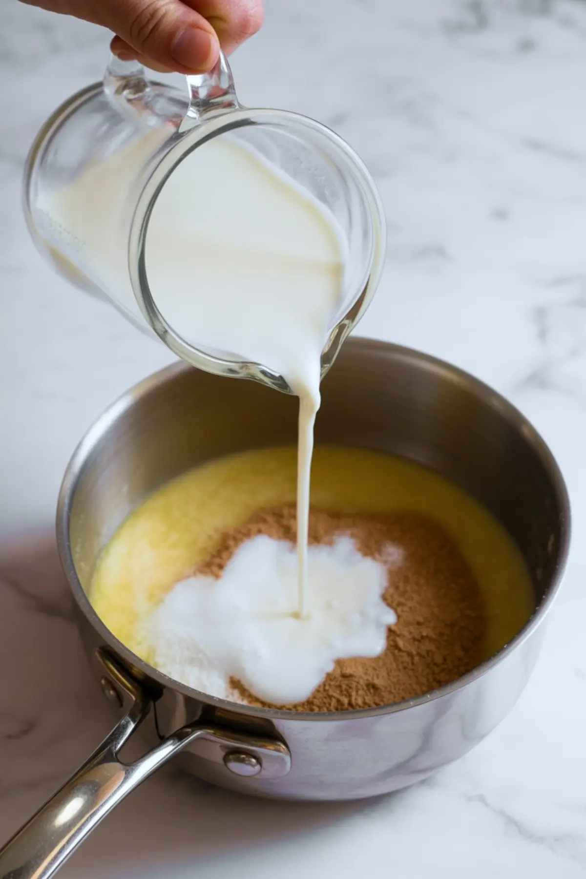 Milk poured from a glass jug into a saucepan with sugar and melted butter to start a homemade Biscoff pudding base on a white marble countertop
