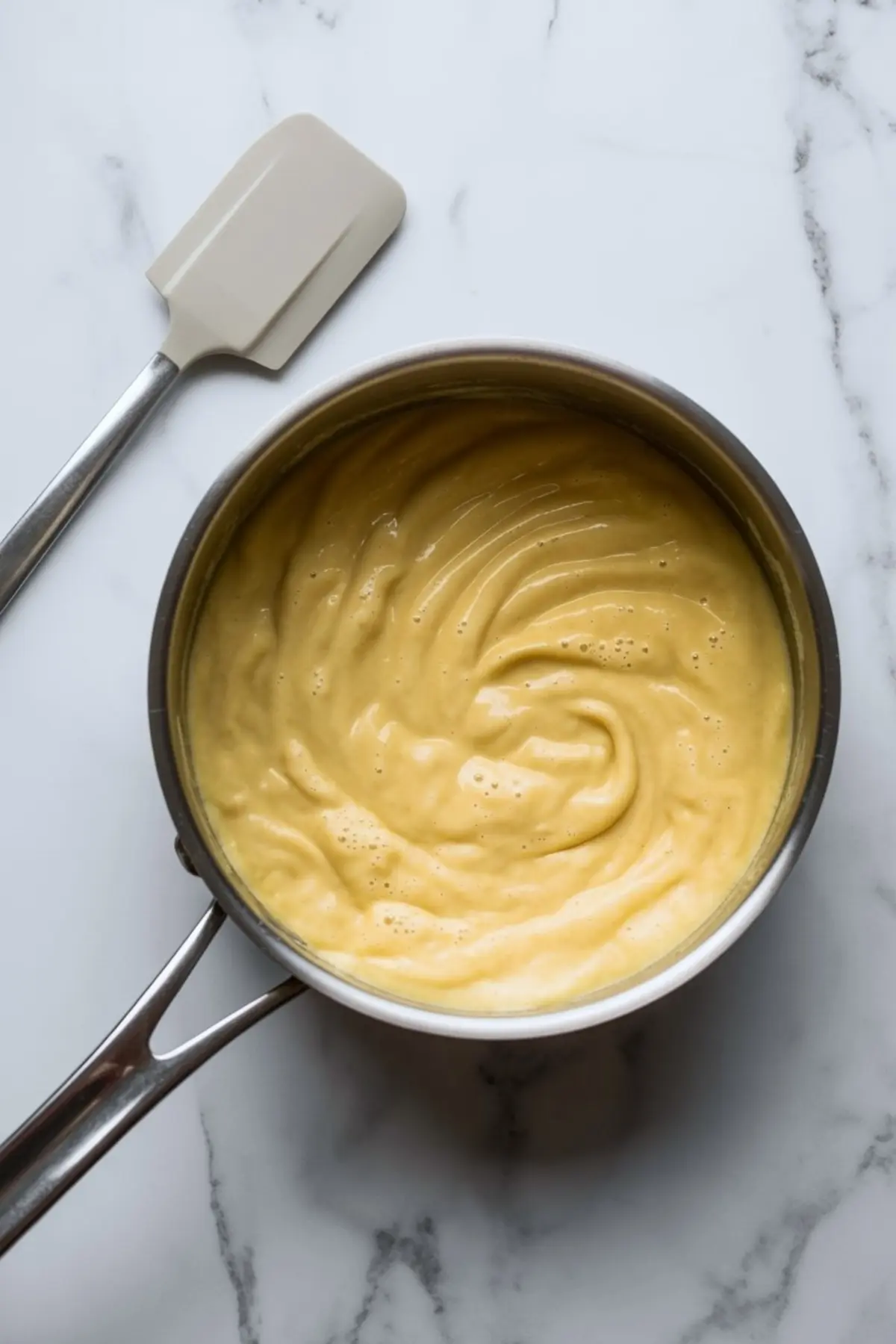 Cooked vanilla pudding base thickened in a saucepan with a smooth glossy texture and pale golden color ready for adding Biscoff spread
