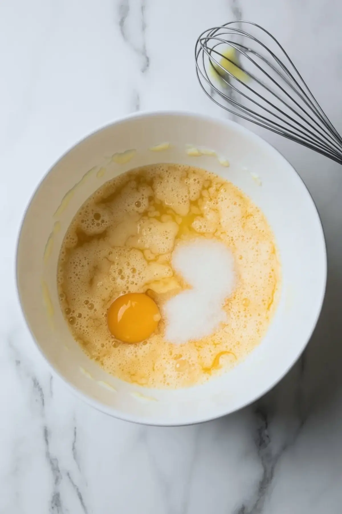 Overhead shot of a white mixing bowl on marble, containing a cracked egg, sugar, and foamy yellow mixture beside a metal whisk.
