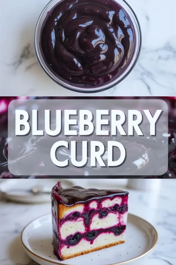 Collage with a jar of thick blueberry curd, a middle text overlay “Blueberry Curd,” and a vertical slice of blueberry-streaked cake with visible whole berries and thick curd layers.