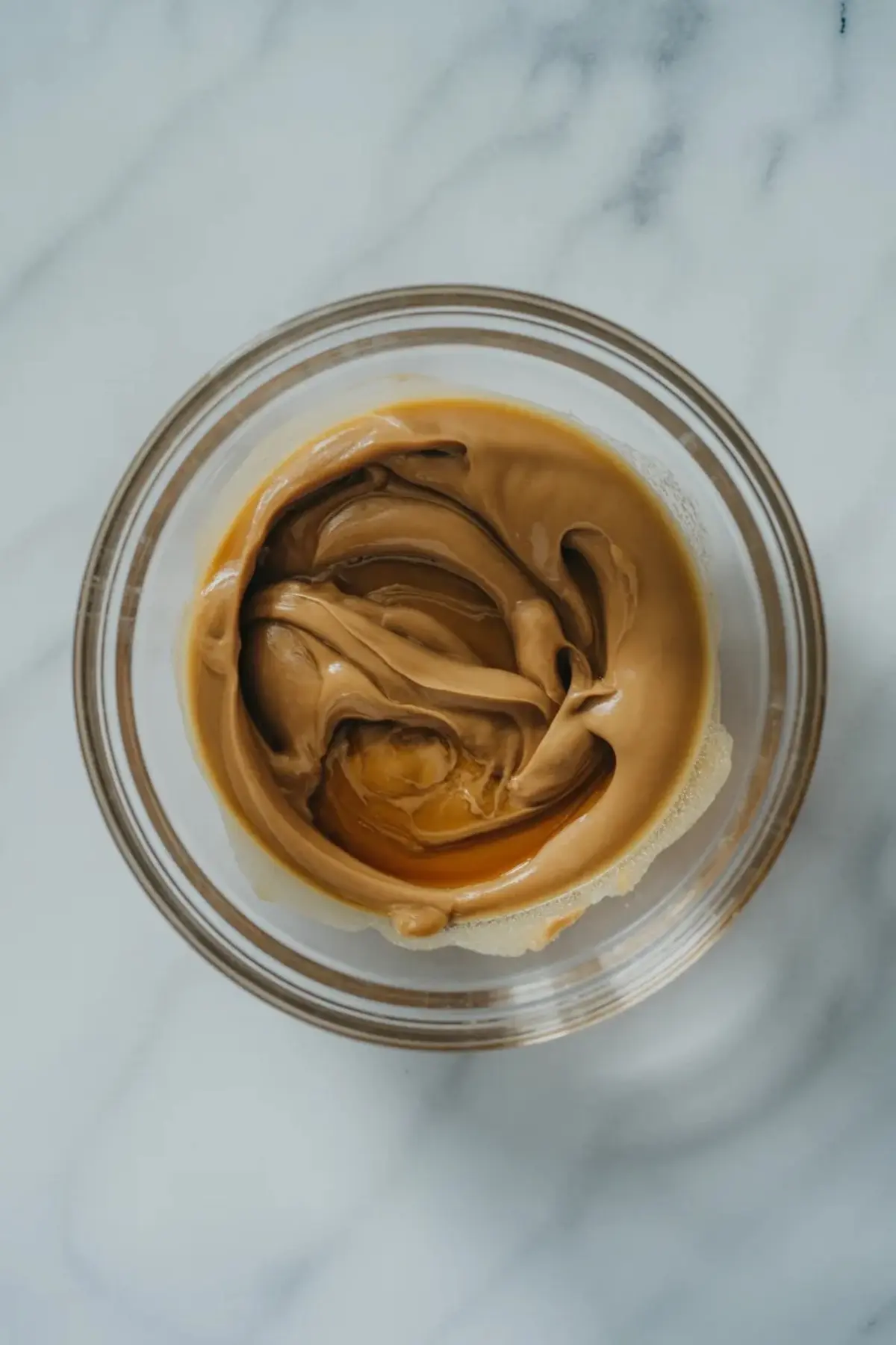 Thick, glossy brown butter mixture with a deep caramel hue resting in a glass bowl on a marble surface, ready to be whipped into frosting.