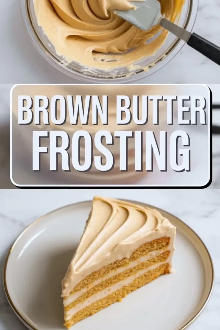 Pinterest-optimized collage showing smooth brown butter frosting in a bowl, text overlay in bold white font reading “Brown Butter Frosting,” and a three-layer slice of cake with piped frosting detail on a beige-rimmed plate.