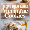 Collage showing finished brown sugar maple meringue cookies with golden toasted tops and a close-up of halved cookies revealing the chewy brown sugar filling, drizzled with maple syrup.