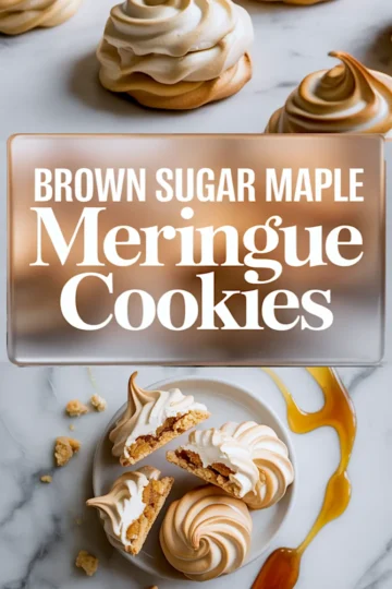 Collage showing finished brown sugar maple meringue cookies with golden toasted tops and a close-up of halved cookies revealing the chewy brown sugar filling, drizzled with maple syrup.