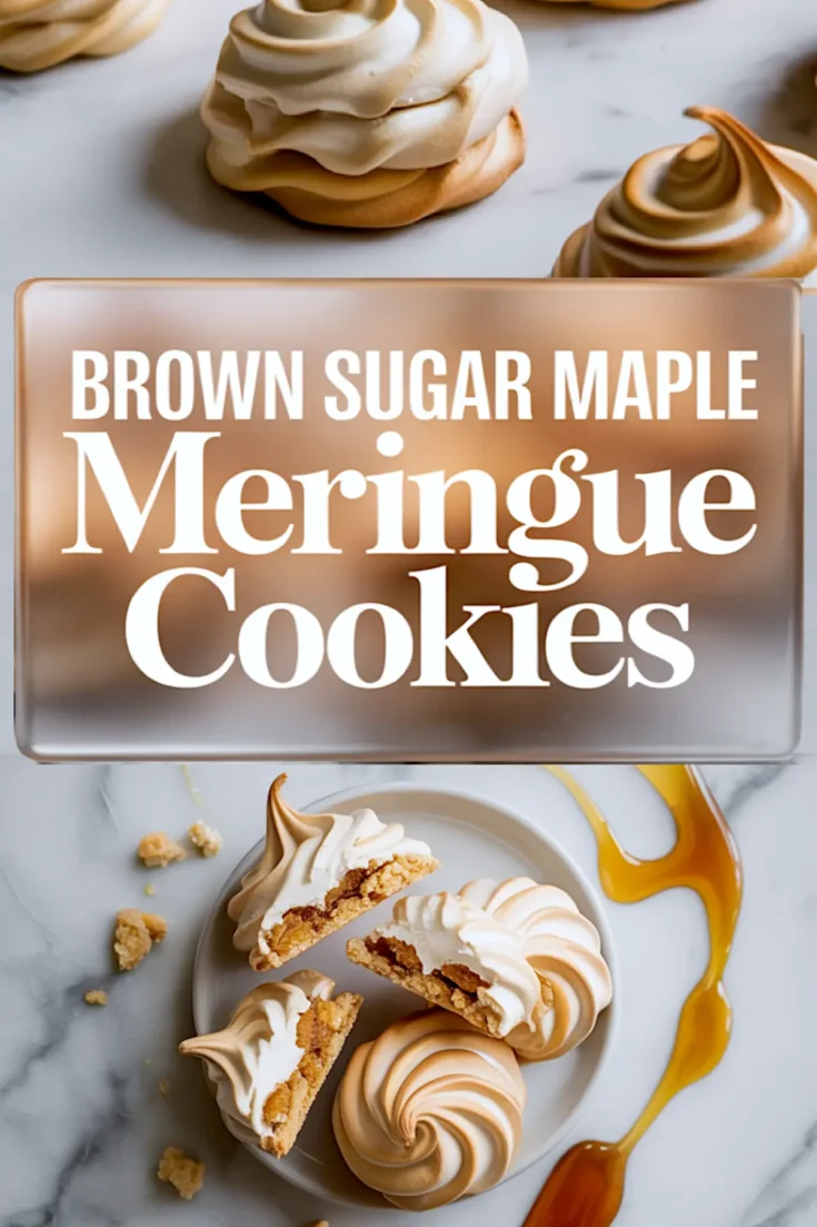 Collage showing finished brown sugar maple meringue cookies with golden toasted tops and a close-up of halved cookies revealing the chewy brown sugar filling, drizzled with maple syrup.